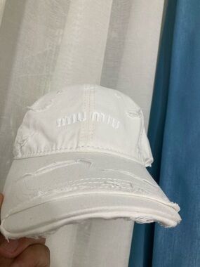 Miu Miu White Distressed Cotton Cap